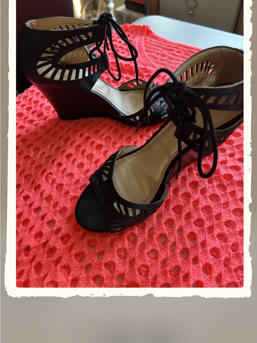 CL by Laundry Black Cutout Lace-Up Wedge Sandals